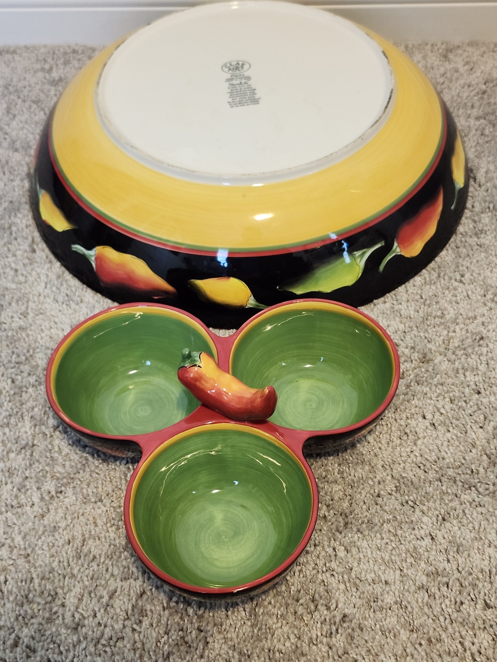 Bowls Large Fiesta CLAY ART 2003 Ceramic Chip Dip Set w Chili Stoneware 2 Pieces